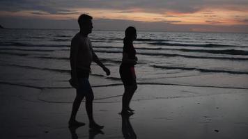 silhouette de couple marchant sur la plage au coucher du soleil video