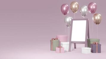 3D Rendering concept of empty street standing white board with present boxes and balloons on pink background for commercial design. 3D Render. photo