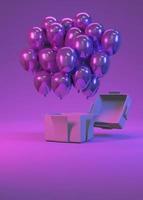 3D Rendering concept of party backdrop. Abstract futuristic light color balloons floating from gift box on background. Invitation card. 3D Render. 3D illustration. photo