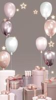 3D Rendering concept of podium with present boxes, balloons and shiny stars on background for commercial design. 3D Render. photo