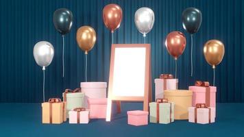 3D Rendering concept of empty street standing white board with present boxes and balloons on blue background for commercial design. 3D Render. photo