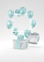 3D Rendering concept of gender reveal, baby shower, birthday party. Realistic blue pastel balloons floating from gift box on white background. Invitation card. 3D Render. 3D illustration. photo