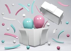 3D Rendering concept of gender reveal, wedding, birthday banner. Realistic pastel blue pink balloons floating from gift box on background. 3D render. 3D illustration. Minimal idea. Invitation card. photo