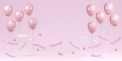 3D Rendering concept of balloon background. Pink balloons and confetti floating on light pink background room studio. 3D render. 3D illustration. Minimal idea creative concept. photo