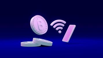 3D Rendering concept of Decentralized finance, cryptocurrency coins with B as referring to blockchain with a phone and the internet symbol on background. 3D render. 3D illustration. photo
