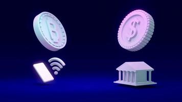 3D Rendering concept of money coins with B as referring to bitcoin blockchain with a phone and the internet symbol, dollar coin with a building as referring to a bank on background photo
