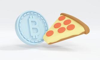 3D Rendering concept of Bitcoin Pizza day B coin and a slice of pizza in cartoon style 3D render illustration Minimal photo