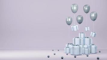 3D Rendering concept of anniversary. stack of gift boxes, balloons floating for commercial design. Blue Theme. 3D render. photo