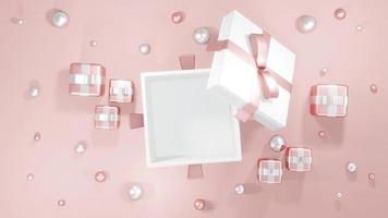 3D Rendering concept of top view of an opened gift box showing empty space inside with small presents and geometric elements around in pink theme for commercial design. 3D Render. photo