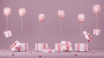 3D Rendering concept of gift boxes, balloons floating for commercial design. Pink Theme. 3D render. photo