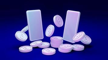 3D Rendering coins with B as referring to blockchain with phones on background concept of money transferring Decentralized finance. 3D render. 3D illustration. photo