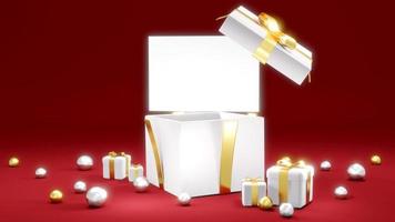 3D rendering concept of celebration. A present box opens up to show a blank paper for commercial design. 3D render. photo