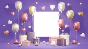 3D Rendering concept of present boxes, balloons, hearts, confetti and a blank paper on background for commercial design. 3d Render photo