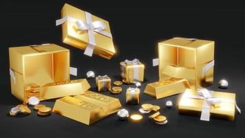 3D Rendering concept of golden piggy bank, golds, golden coins, presents on black background.3D Render. photo