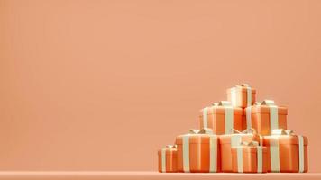 3D Rendering concept of anniversary. stack of gift boxes for commercial design. Orange Theme. 3D render. photo