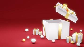 3D Rendering concept of opened gift box showing empty space inside with small presents and geometric elements around in red gold theme for commercial design. 3D Render. photo
