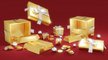 3D Rendering concept of golden piggy bank, golds, golden coins, presents on red background.3D Render. photo