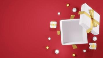 3D Rendering concept of top view of an opened gift box showing empty space inside with small presents and geometric elements around in red gold theme for commercial design. 3D Render. photo