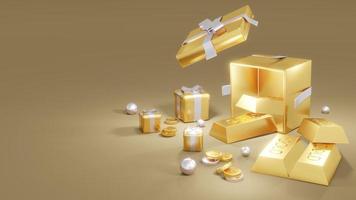 3D Rendering concept of golden piggy bank, golds, golden coins, presents on gold background.3D Render. photo