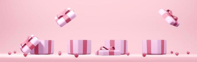 3D Rendering concept of horizontal panorama scene of opened gift boxes in pink theme. 3D render. photo
