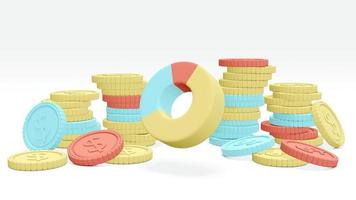 3D Rendering concept of financial planning or money investment. stack of coins in several colors and a pie chart on white background. 3D Render. 3D illustration. photo
