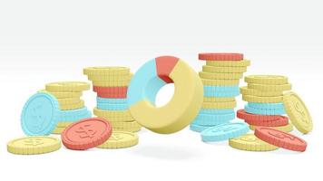 concepto de representación 3d de planificación financiera o inversión de dinero. pila de monedas en varios colores y un gráfico circular sobre fondo blanco. procesamiento 3d ilustración 3d foto