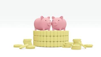 3D Rendering concept of financial family planning. Piggy banks on a big stack of coins surrounding by small coins. 3D render. 3D illustration. photo
