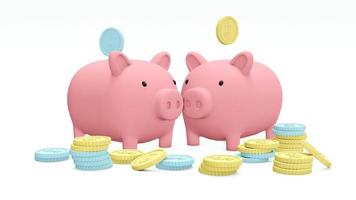 3D Rendering concept of financial family planning. Piggy banks with coins in blue and yellow colors on background. 3D render. 3D illustration. photo