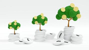 3D Rendering concept of time and money management. Money trees on stack of clocks. 3D Render. 3D illustration. photo