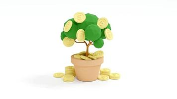3D rendering concept of investment. Money tree in a pot with coins on white background. 3D illustration. Minimal Cartoon style. photo