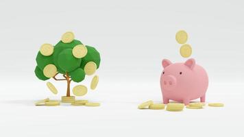 3D Rendering concept of Money investment. stack of coins and a money tree vs stack of coins and a piggy bank on white background. 3D Render. photo