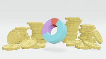 3D Rendering concept of financial planning or money investment. stack of coins and a pie chart on white background. 3D Render. 3D illustration. photo