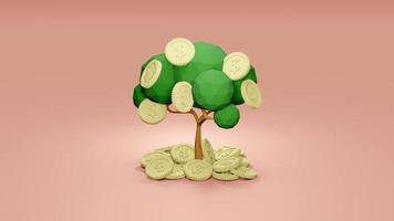 concepto de representación 3d de inversión de dinero. árbol de dinero con monedas aislado sobre fondo rosa. procesamiento 3d ilustración 3d estilo minimalista. foto