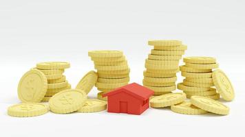 3D Rendering concept of Financial, money investment in REITS. stack of coins and a tiny house bank on white background. 3D Render. photo