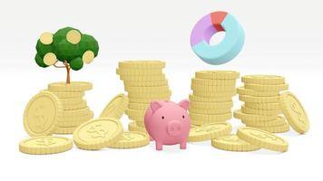 3D Rendering concept of Money investment. stack of coins and  money trees, pie chart and a piggy bank on white background. 3D Render. photo
