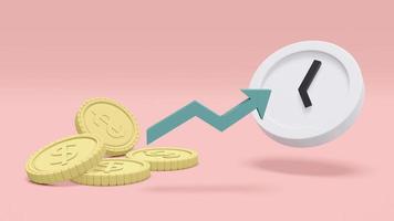 3D Rendering concept of time and investment. pile of coins and a clock, an arrow pointing. 3D Render. photo