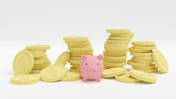 3D Rendering concept of Money saving. stack of coins and a piggy bank on white background. 3D Render. photo
