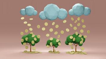3D Rendering concept of money investment. Money rain from clouds watering money Trees with coins isolated on pink background. 3D Render. 3D illustration. Minimal style. photo
