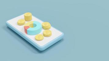 concepto de representación 3d de la gestión financiera. pila de monedas de dólar sentadas en un teléfono inteligente con un gráfico circular en el fondo. procesamiento 3d ilustración 3d foto