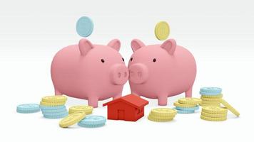 3D Rendering concept of financial family planning. Piggy banks, a house with coins in blue and yellow colors on background. 3D render. 3D illustration. photo