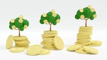 3D Rendering concept of Money investment. stack of coins and money trees on white background. 3D Render. photo