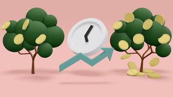 3D Rendering concept of time and investment. a money tree with coin and a clock, an arrow pointing up to a money tree with more coins. 3D Render. photo