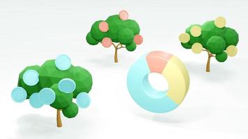 3D Rendering concept of Money investment. money trees with coins and a pie chart on white background. 3D Render. photo