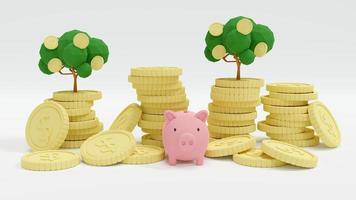 3D Rendering concept of Money investment. stack of coins and  money trees and a piggy bank on white background. 3D Render. photo