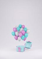 3D Rendering pink blue balloon floating from gift box on background concept of gender reveal, wedding, birthday, party invitation card template. photo