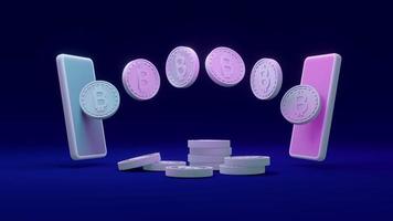 3D Rendering coins with B as referring to blockchain with phones on background concept of money transferring Decentralized finance. 3D render. 3D illustration. photo