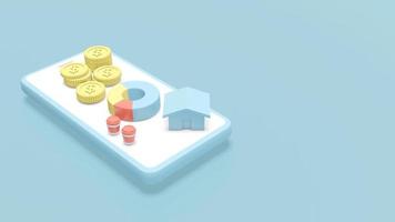 3D Rendering concept of financial management, mortgage house. a pie chart, stack of dollar coins, cups of coffee and a house icon on a smartphone screen on background. 3D render. 3D illustration. photo