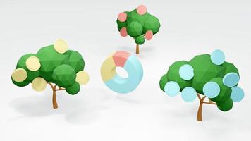 3D Rendering concept of Money investment. money trees with coins and a pie chart on white background. 3D Render. photo