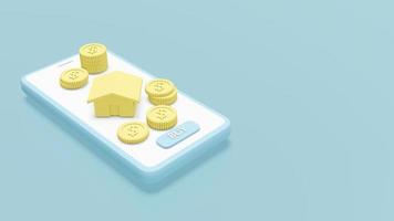 3D Rendering concept of financial house management, mortgage house. stack of dollar coins and a house sitting on a smartphone on background. 3D render. 3D illustration. photo