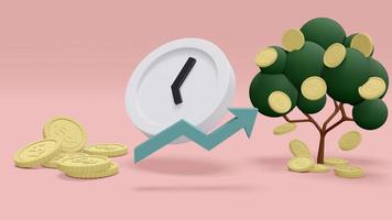 3D Rendering concept of time and investment. a money tree with coin and a clock, an arrow pointing up to a money tree with more coins. 3D Render. photo